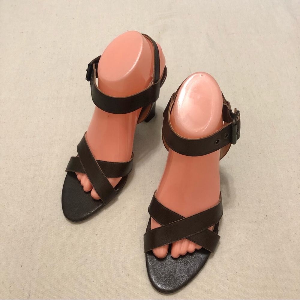 Talbots Brown Leather Criss Cross Sandals Heeled Chic Timeless Sexy